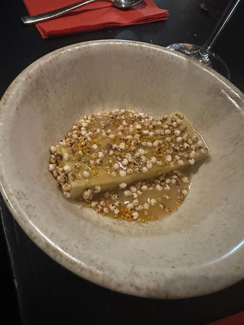 lemon balm custard, popcorn of millet, propolis, and pollen at bekal