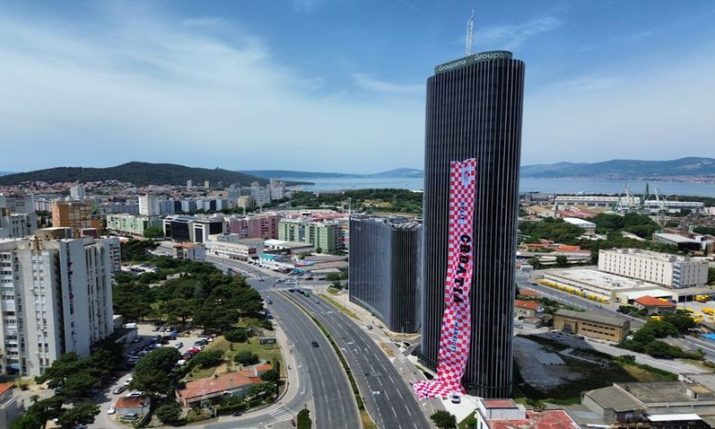 The biggest Croatian fan flag on the tallest building in Croatia